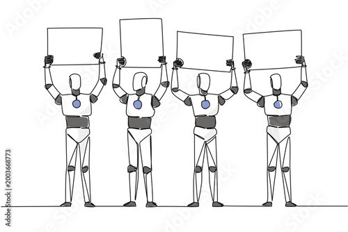 Colorful one line drawing of four robots standing and lifting four separate blank ad boards above their heads. This artificial intelligence technology concept is an ideal graphic for tech conference.