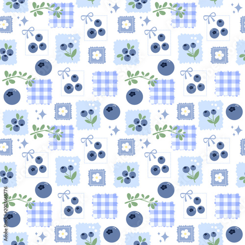 Blueberry Patchwork Seamless Pattern for Floral Fabric, Wrapping Paper and Sweet Cottage Background