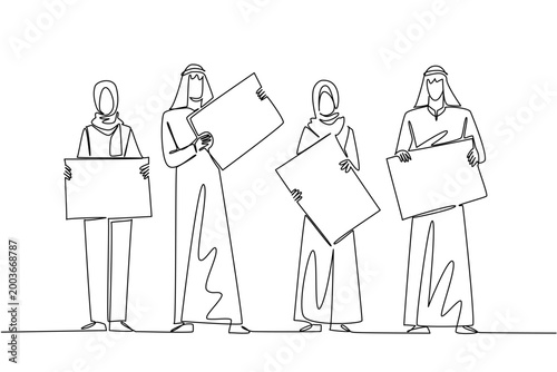 Beautiful one line drawing of two Arabian businessmen and two Muslim businesswomen holding individual blank boards. This global diversity concept works perfectly for an international event flyer.