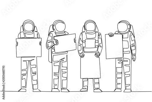 Brilliant one line drawing of four astronauts standing and holding four individual blank advertisement paper boards. This outer space science concept represents a fantastic option for a school poster.