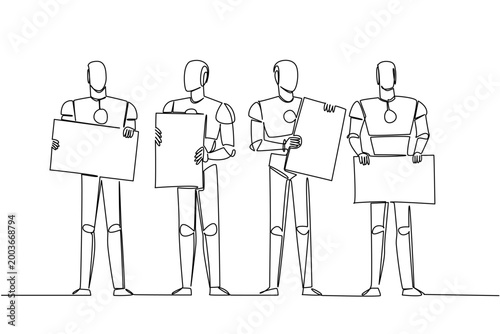 Single line drawing of four robots standing and holding individual blank marketing ad boards. This advanced technology concept works exceptionally well for an educational robotics workshop poster.