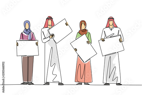 Colorful single line drawing of two Arabian businessmen and two Muslim businesswomen holding separate blank boards. This teamwork diversity concept is highly suitable for global business presentation.