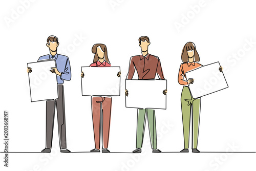 Colorful continuous line drawing of two businessmen and two businesswomen holding four separate blank boards. This marketing business concept is absolutely perfect for a startup presentation banner.
