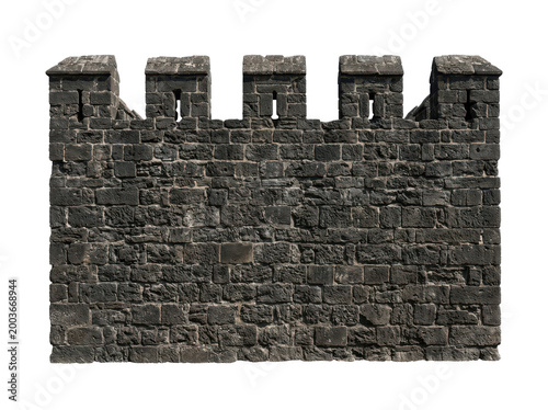 Ancient medieval fortress featuring an old stone and brick wall with clipping path against a historic European monument building sky