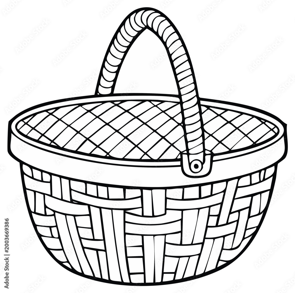 Fototapeta premium Wicker basket with handle, vector illustration, outline drawing, isolated object