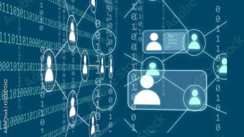 Binary streams starting avatars glowing and linking, profile cards sliding closer, forming groups