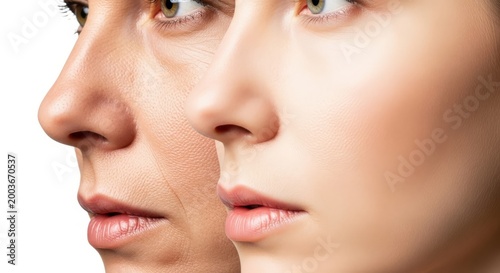 Close up of facial profile showcasing a split between textured mature skin and radiant smooth rejuvenation through a temporal visual shift, professional, transformation, brightness