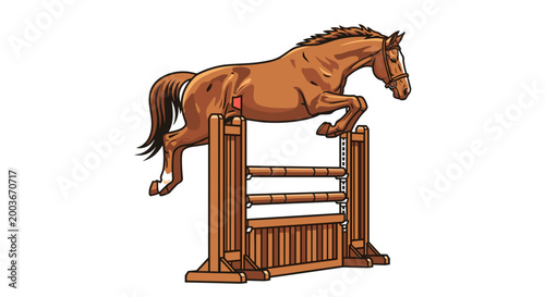 Athletic brown horse gracefully jumping over a wooden equestrian obstacle during a competitive show jumping event