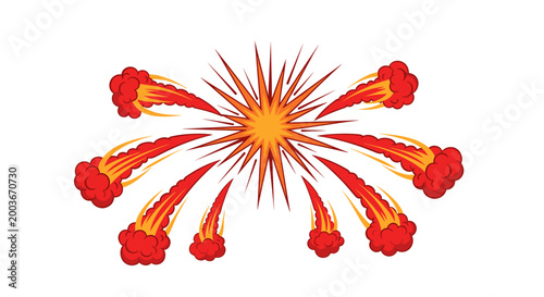 Explosion effect radiating outward with fiery trails and smoke dynamic burst of energy comic book style graphic element