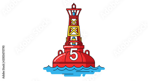 Red numbered navigational buoy with white '5' marking the way on blue water symbolizing maritime guidance and safety