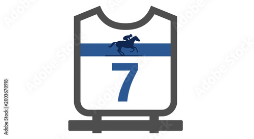 Horse racing jockey silhouette with number 7 on bib and blue stripe representing competition and sport