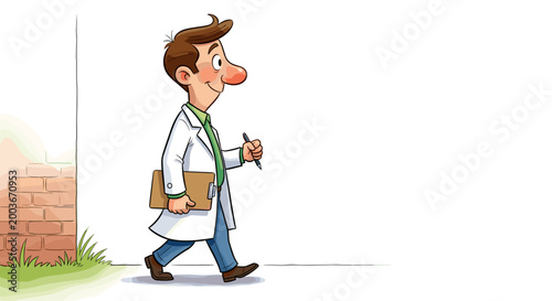 Smiling doctor in white lab coat walking with clipboard and pen conveying healthcare and medical professionalism