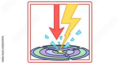 Abstract concept of energy transfer lightning strike and downward arrow hitting a circular platform symbolizing impact
