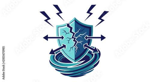 Cracked shield emblem under storm and arrows representing vulnerability security breach and risk management challenges