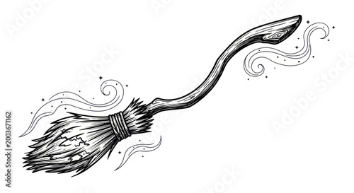 Hand-drawn flying witch broomstick with magical swirls and sparkles on white background