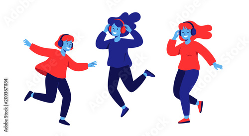 Quadro em tela Joyful people dancing and listening to music with headphones