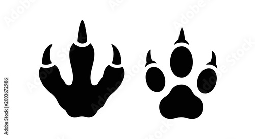 Black animal paw and claw print silhouettes on white background