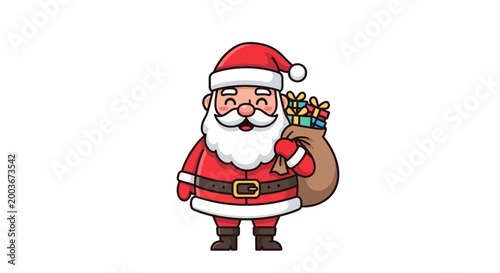 Cheerful Santa Claus cartoon with gift sack on white background
