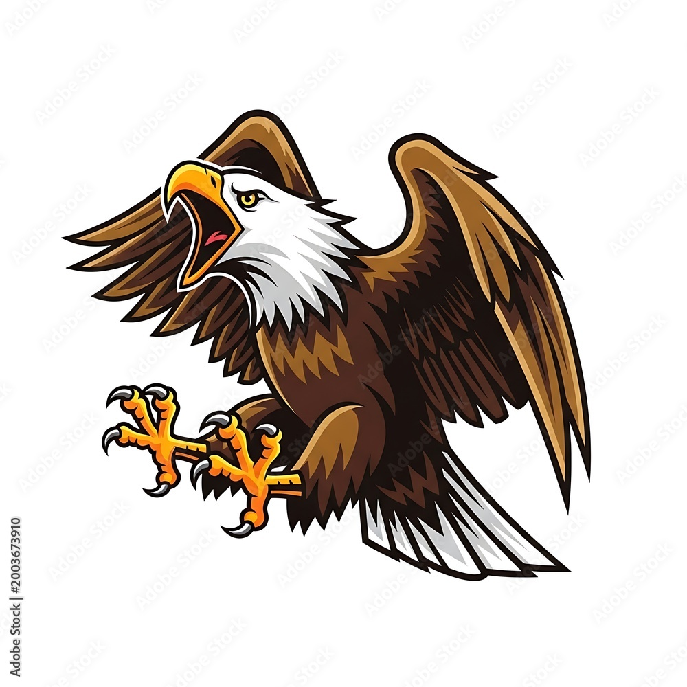 Fototapeta premium Fierce bald eagle mascot with open beak and extended talons in flight