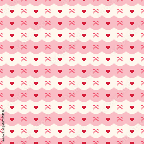 Seamless pattern with cute hearts and bows on wavy pink and cream scalloped stripes. Playful, sweet, and girly design.