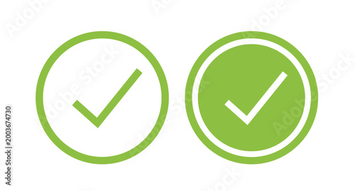 Set green checkmark icons in circular outline and filled styles isolated on white background clean