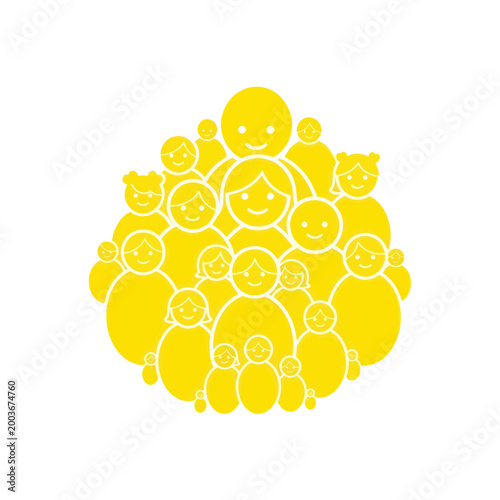 Happy Family Group, Diverse People, Yellow Stick Figures, Community Concept