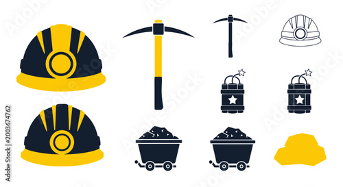 Mining Tools and Equipment Icons: Helmets, Pickaxe, Dynamite, Coal Cart