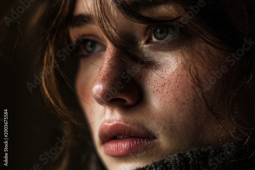 close up thoughtful face soft light emotional expression raw photography