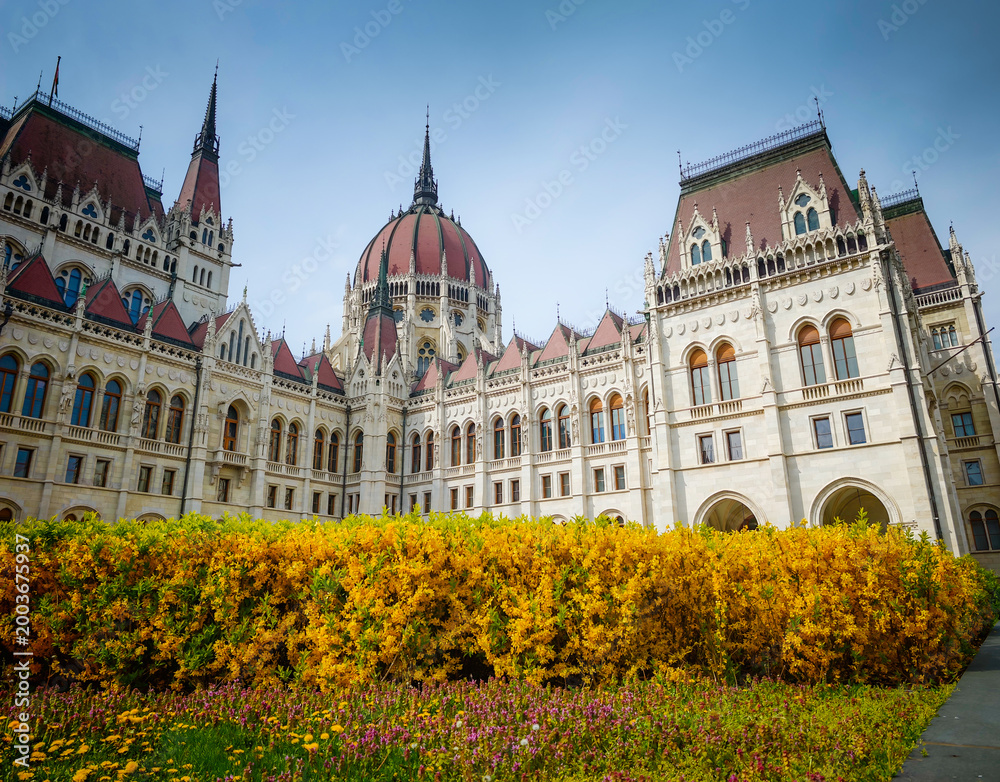 Fototapeta premium Hungarian Parliament Building, Orszaghaz, close-up facade of detailed Gothic architecture, iconic landmark and historic European building in Budapest