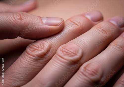 Close up view of slender fingers touching fine skin textures and aged creases with a deep contemplative mood and soft lighting detail, tactile, hand, touch