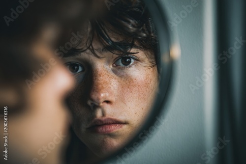 person looking in mirror serious face raw emotion