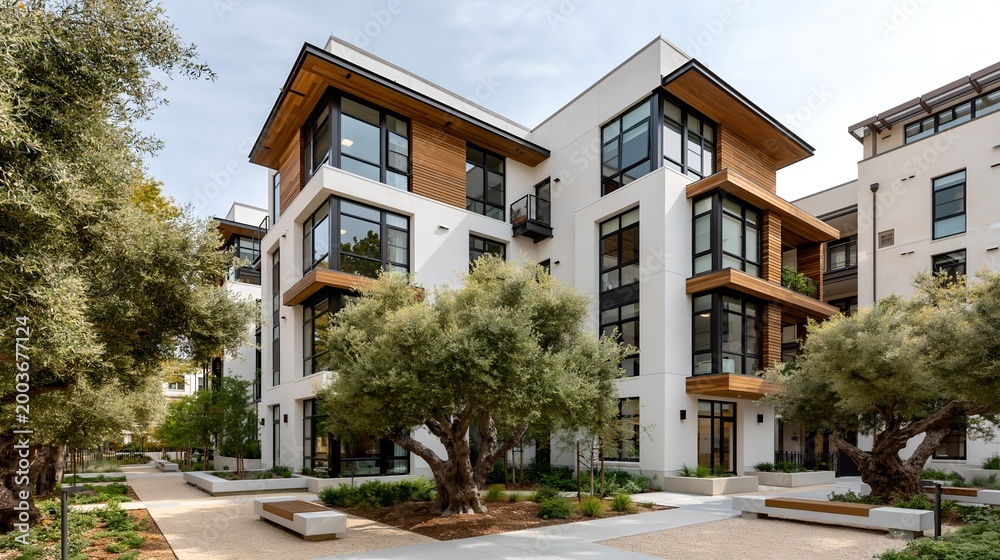 Fototapeta premium Modern apartment building with wooden balconies.