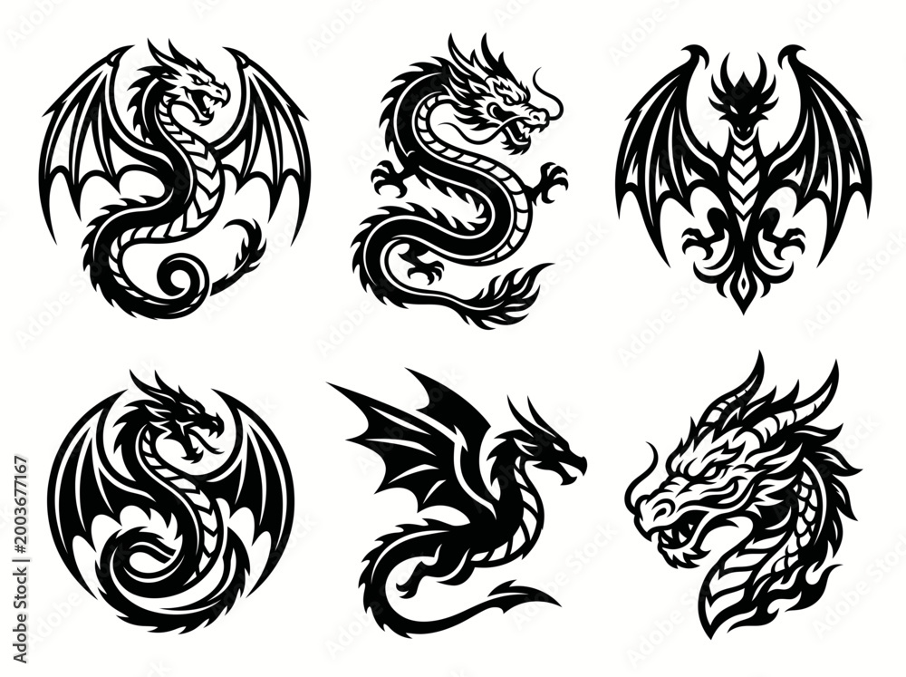 Fototapeta premium Set of black and white dragon silhouettes for tattoos and emblems