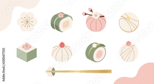 Japanese Wagashi Traditional Sweet Dessert Vector Illustration Set with Minimalist Flat Design and Cherry Blossom