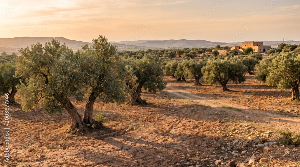 Fototapeta premium Sunlit olive grove landscape with dry Mediterranean countryside and distant hills