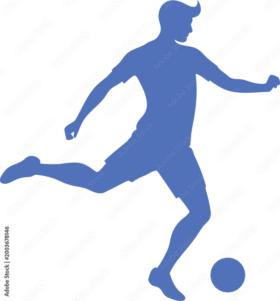Fototapeta premium soccer player kicking ball silhouette blue on transparent background, active sport action.
