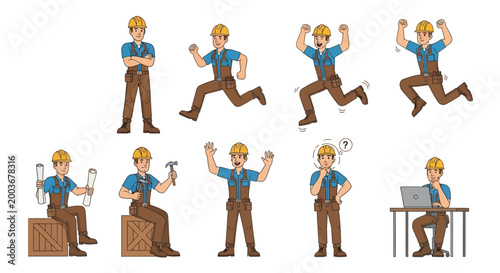 Construction Worker Character Set Poses and Actions.