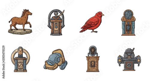 Collection of vintage objects and animals.