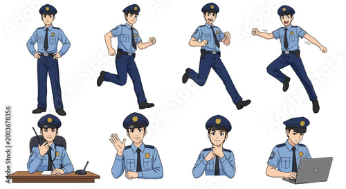 Cartoon police officer in various poses.