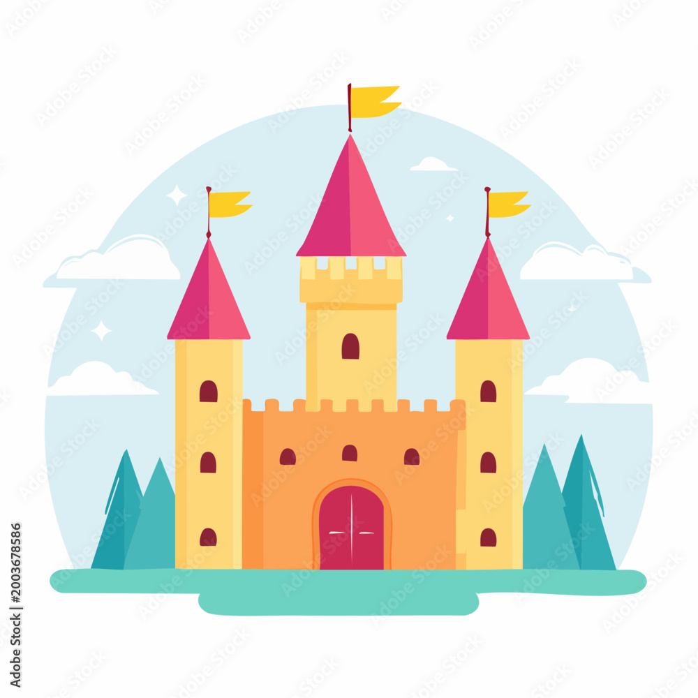 Fototapeta premium Cartoon Castle with Flags and Clouds