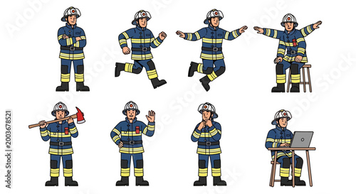 Firefighter Character Set Diverse Poses And Actions.
