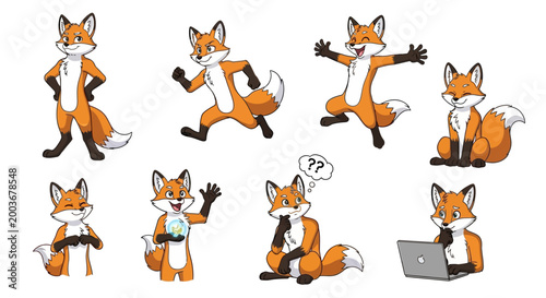 Collection of Adorable Cartoon Foxes in Various Poses.