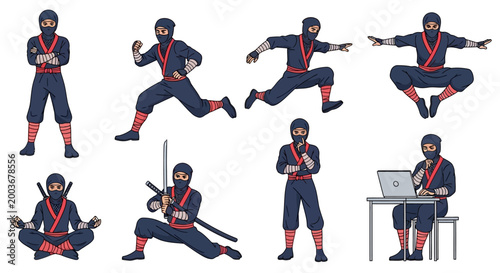 Ninja Warrior Poses and Actions Collection.