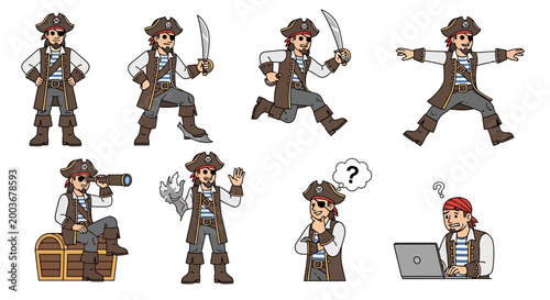 Canvas Print Pirate cartoon characters various actions.