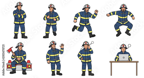 Firefighter in various action poses.