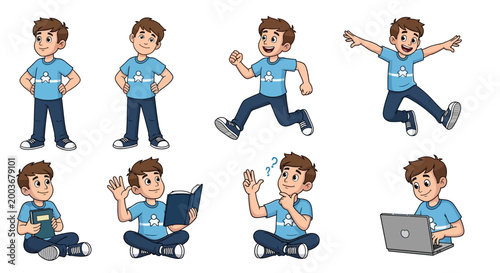 Cartoon man with various happy expressions.