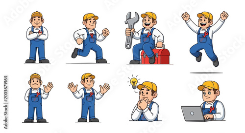 Collection of Cartoon Handyman Poses and Actions.