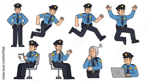 Set of police officers in various poses and actions.