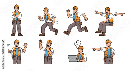 Construction worker in various poses and actions.