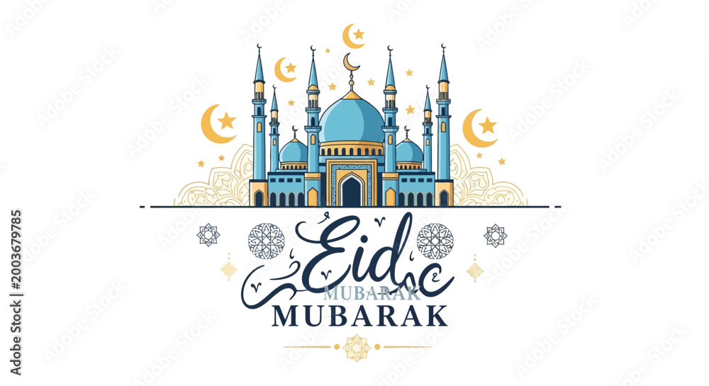 Fototapeta premium Eid Mubarak Mosque Greeting Card Design.